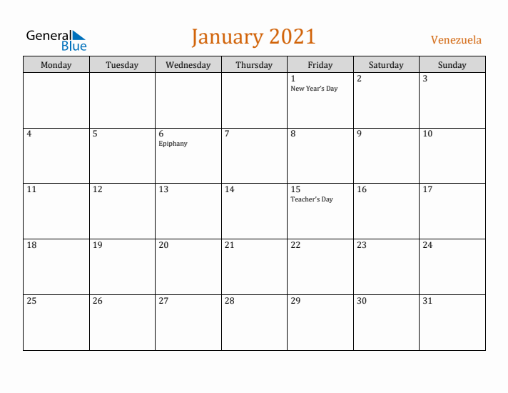 January 2021 Holiday Calendar with Monday Start