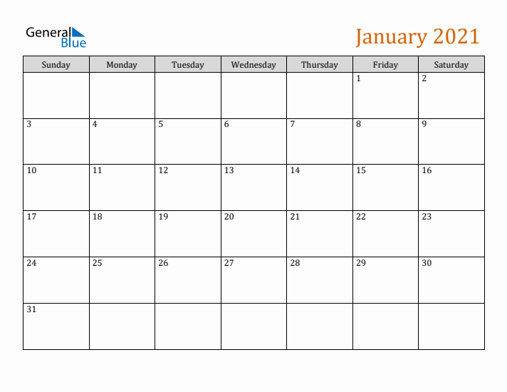 Editable January 2021 Calendar