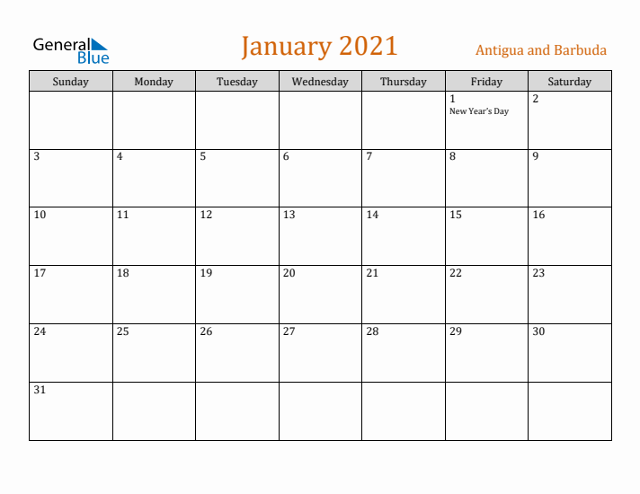 January 2021 Holiday Calendar with Sunday Start