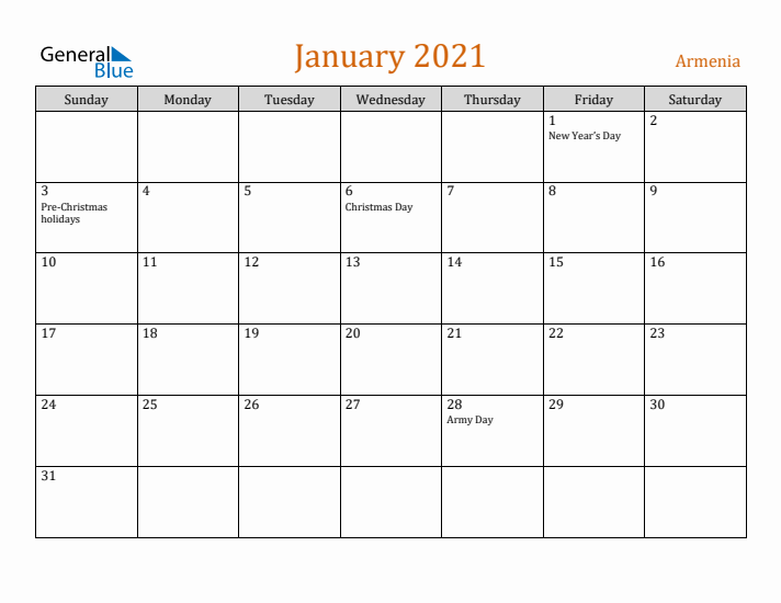 January 2021 Holiday Calendar with Sunday Start