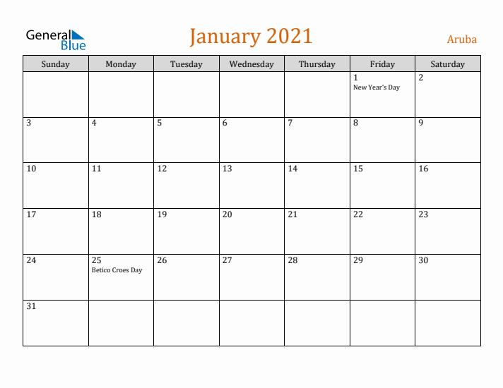 January 2021 Holiday Calendar with Sunday Start