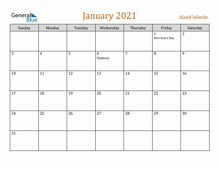 January 2021 Holiday Calendar with Sunday Start