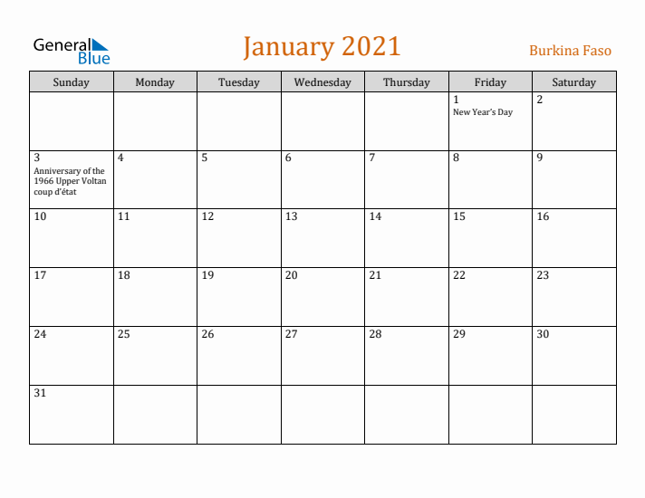 January 2021 Holiday Calendar with Sunday Start