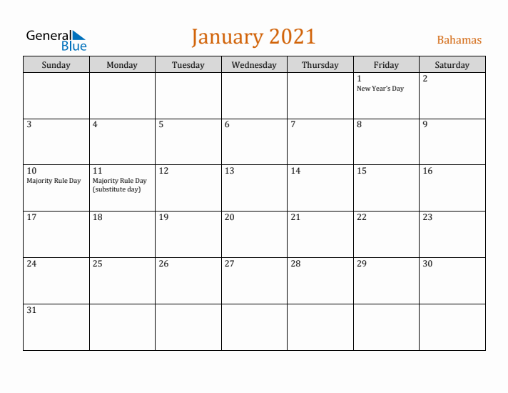 January 2021 Holiday Calendar with Sunday Start