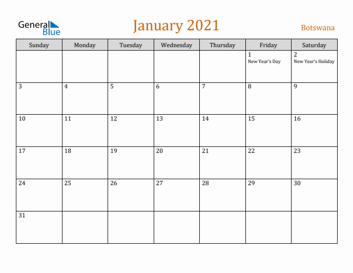 January 2021 Holiday Calendar with Sunday Start