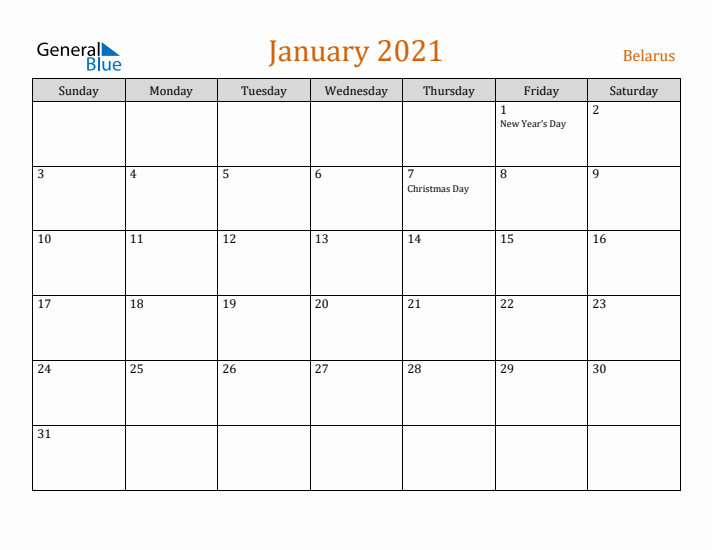 January 2021 Holiday Calendar with Sunday Start