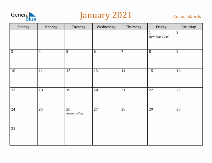 January 2021 Holiday Calendar with Sunday Start