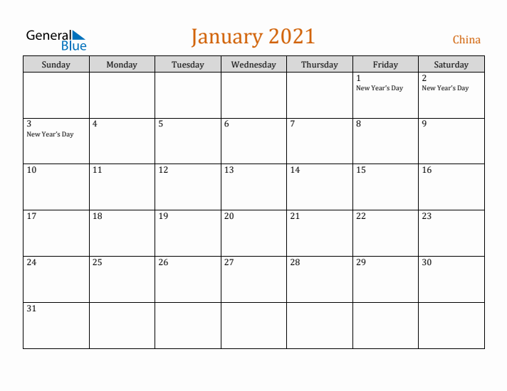 January 2021 Holiday Calendar with Sunday Start