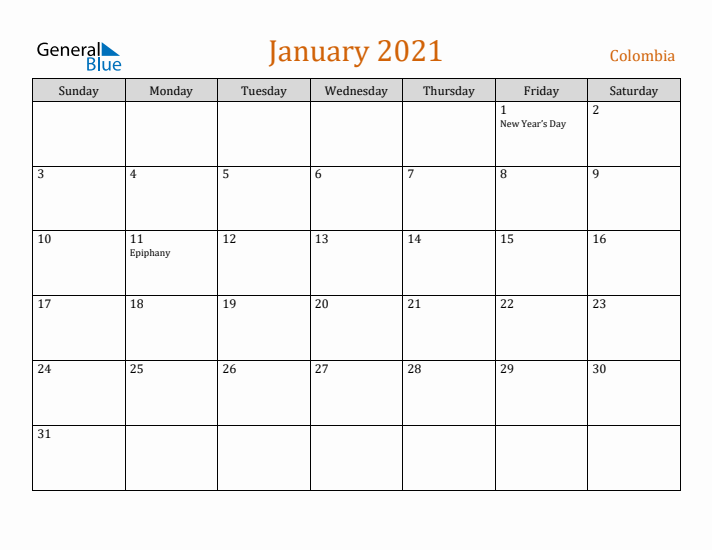 January 2021 Holiday Calendar with Sunday Start