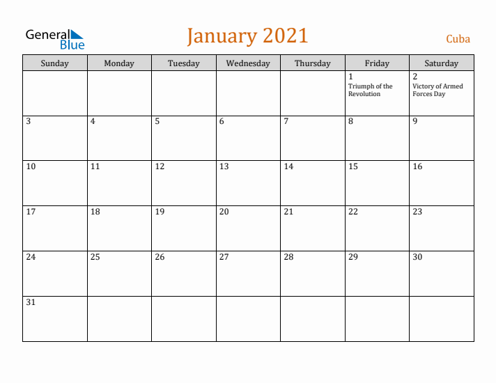 January 2021 Holiday Calendar with Sunday Start