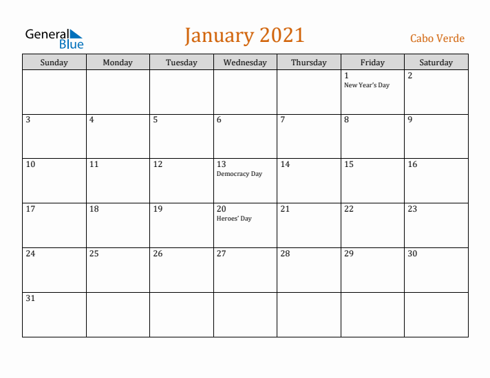 January 2021 Holiday Calendar with Sunday Start