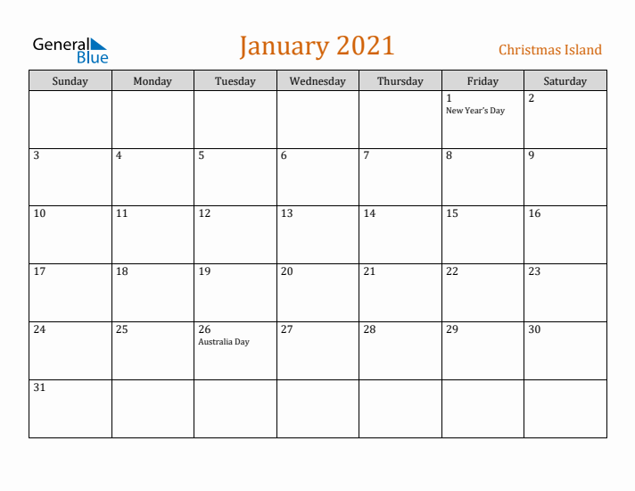 January 2021 Holiday Calendar with Sunday Start