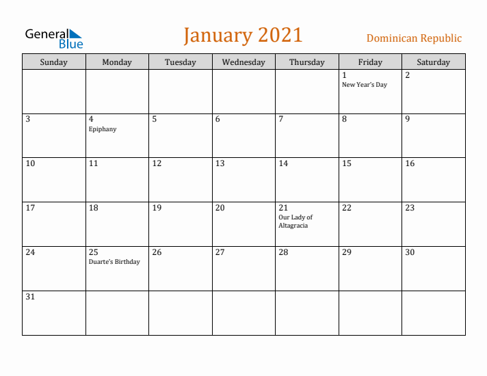 January 2021 Holiday Calendar with Sunday Start