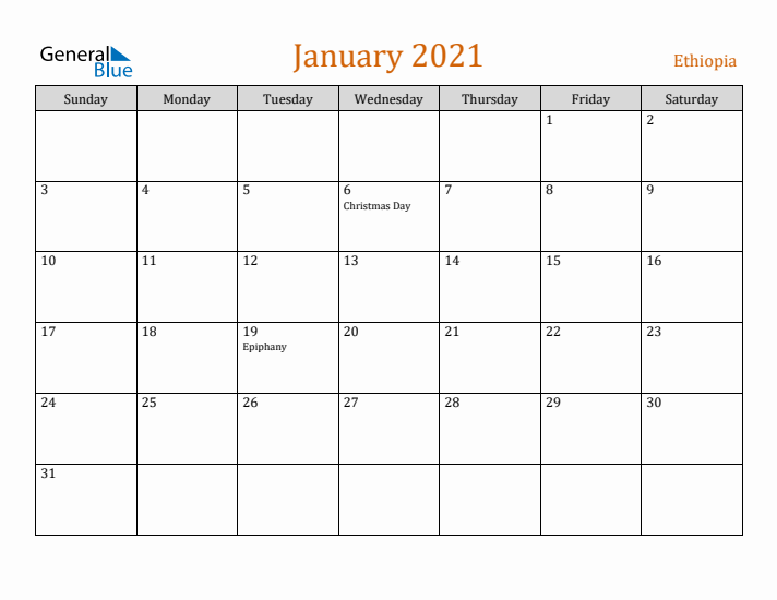 January 2021 Holiday Calendar with Sunday Start