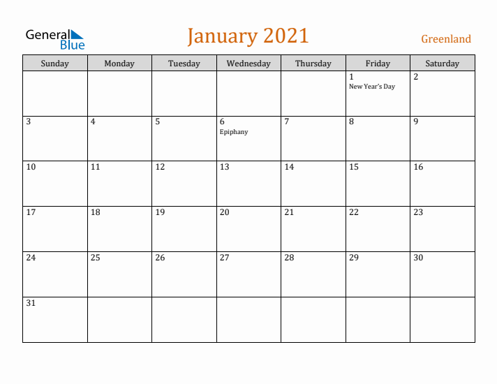 January 2021 Holiday Calendar with Sunday Start