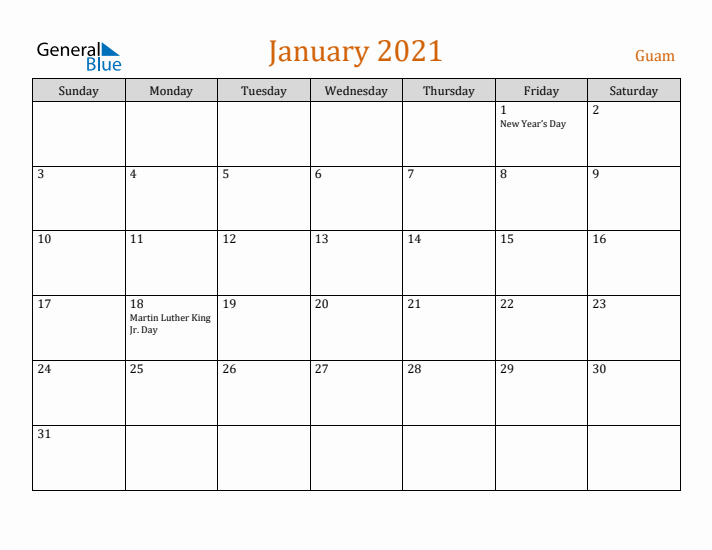 January 2021 Holiday Calendar with Sunday Start