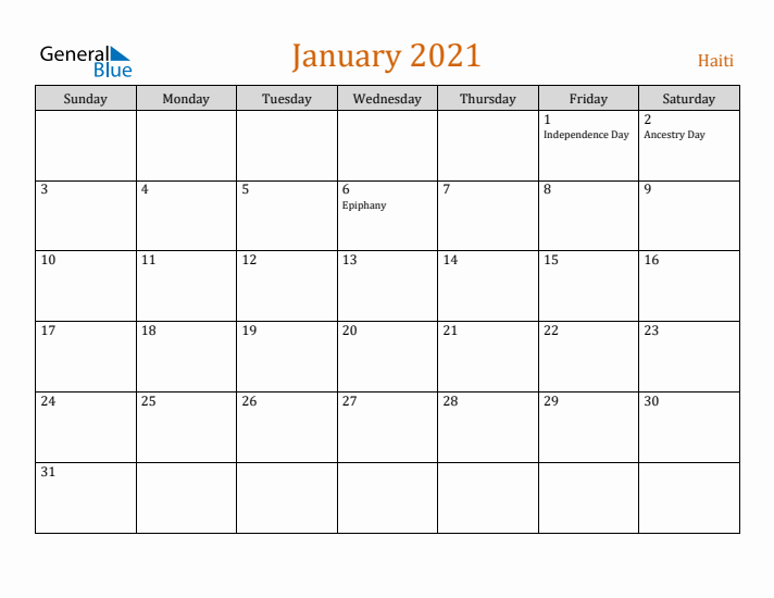 January 2021 Holiday Calendar with Sunday Start