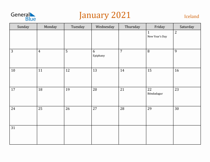 January 2021 Holiday Calendar with Sunday Start