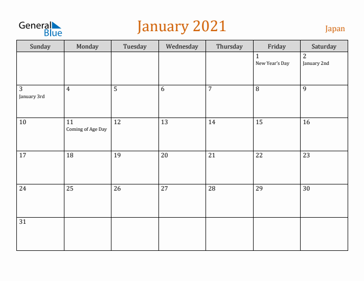 January 2021 Holiday Calendar with Sunday Start