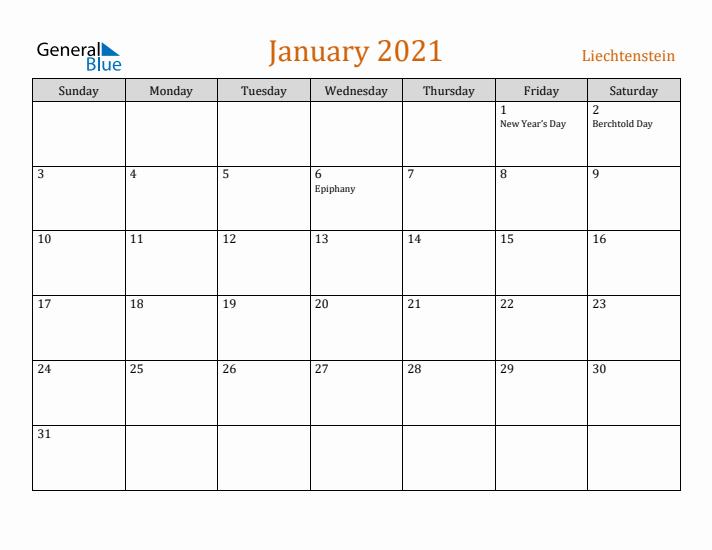 January 2021 Holiday Calendar with Sunday Start