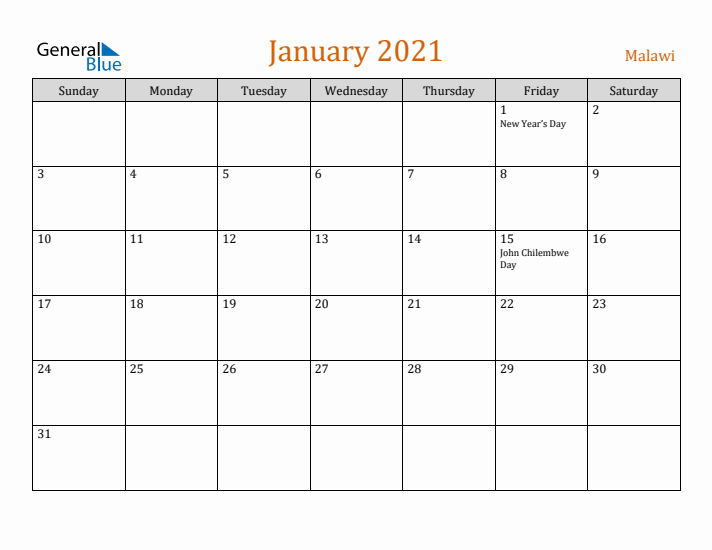 January 2021 Holiday Calendar with Sunday Start