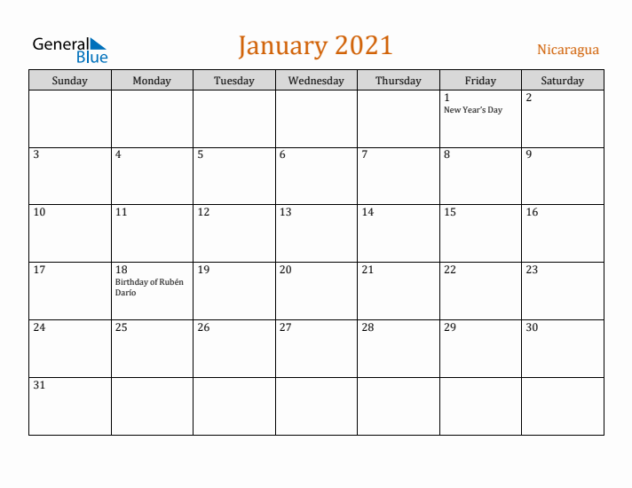 January 2021 Holiday Calendar with Sunday Start