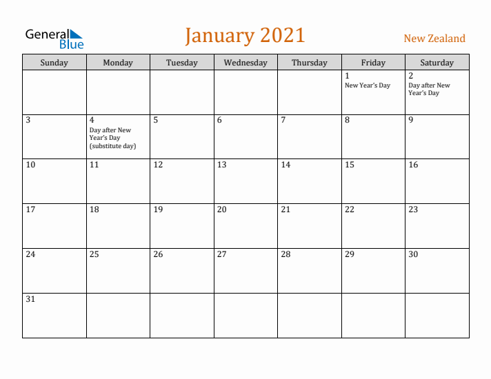 January 2021 Holiday Calendar with Sunday Start