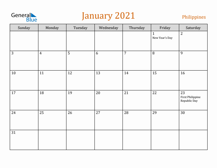 January 2021 Holiday Calendar with Sunday Start