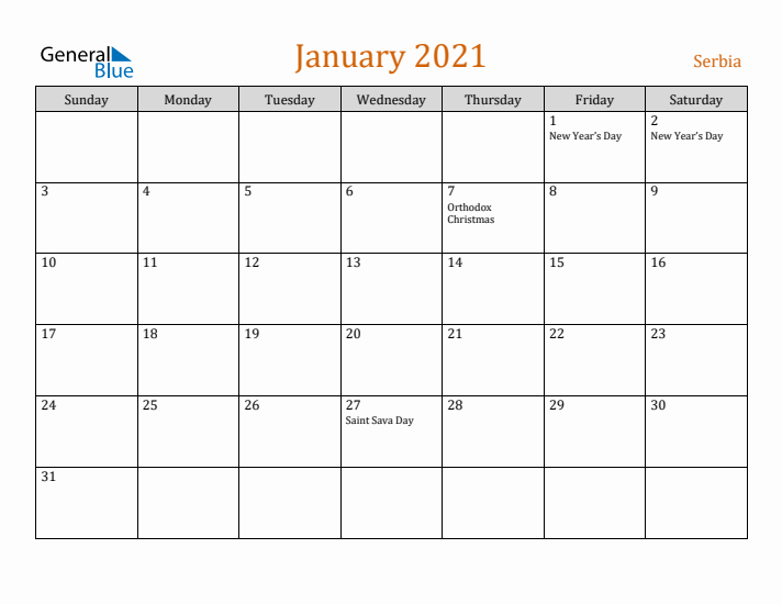 January 2021 Holiday Calendar with Sunday Start