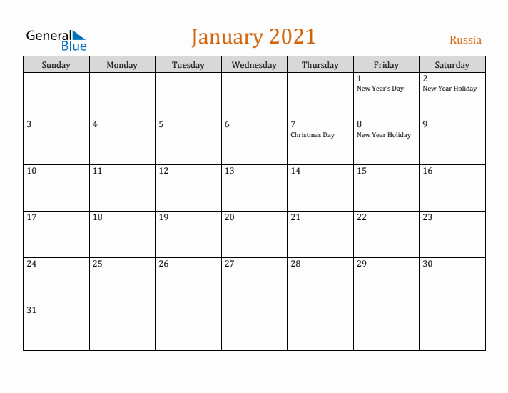 January 2021 Holiday Calendar with Sunday Start