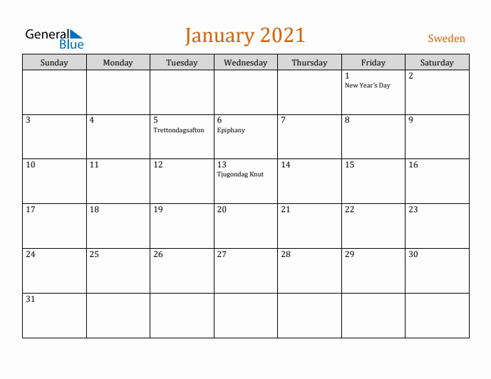 January 2021 Holiday Calendar with Sunday Start