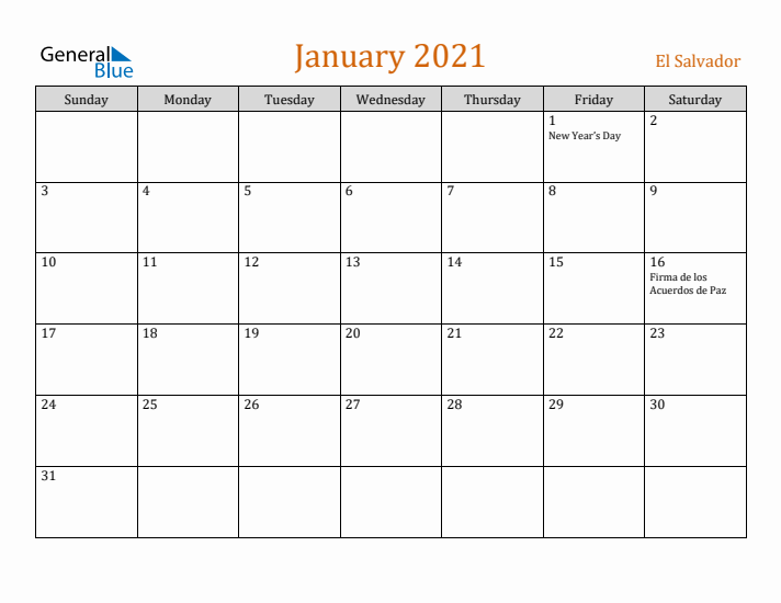 January 2021 Holiday Calendar with Sunday Start