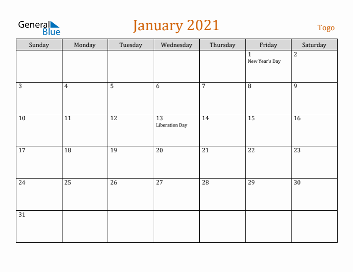 January 2021 Holiday Calendar with Sunday Start