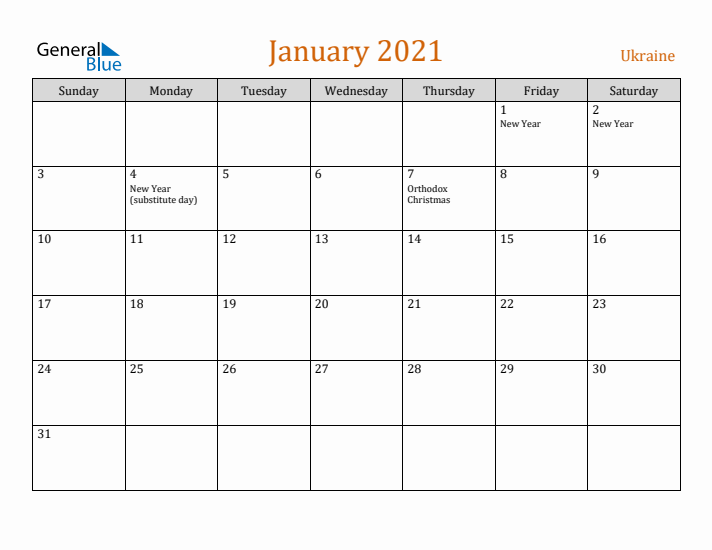 January 2021 Holiday Calendar with Sunday Start