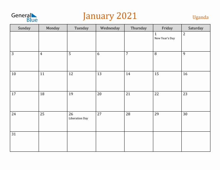 January 2021 Holiday Calendar with Sunday Start