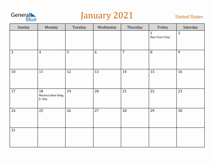 January 2021 Holiday Calendar with Sunday Start