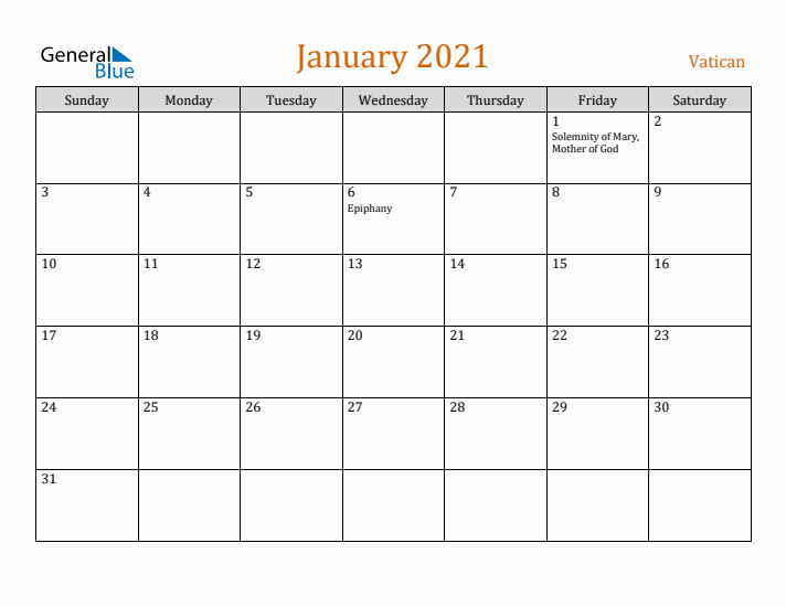 January 2021 Holiday Calendar with Sunday Start