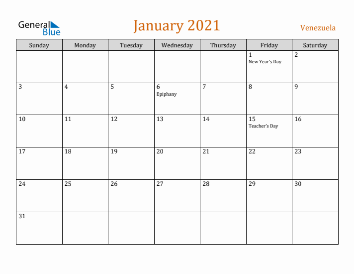 January 2021 Holiday Calendar with Sunday Start