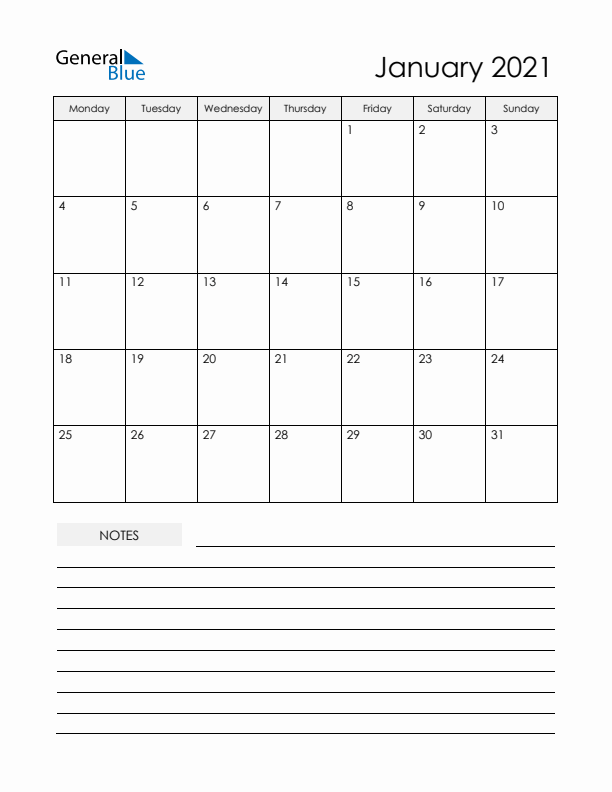 Printable Calendar with Notes - January 2021 