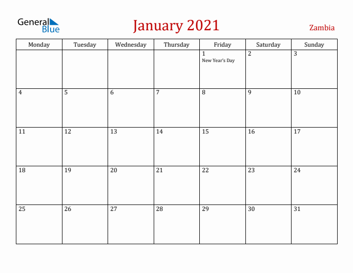 Zambia January 2021 Calendar - Monday Start