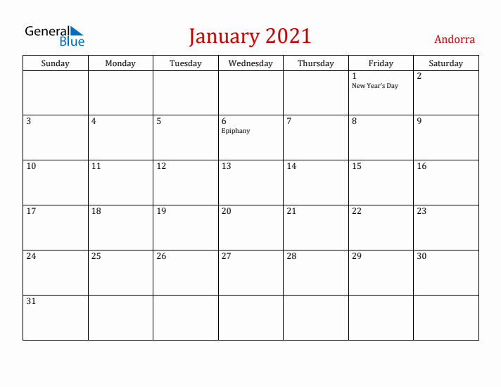 Andorra January 2021 Calendar - Sunday Start