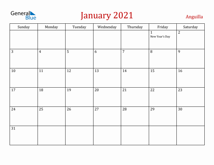 Anguilla January 2021 Calendar - Sunday Start