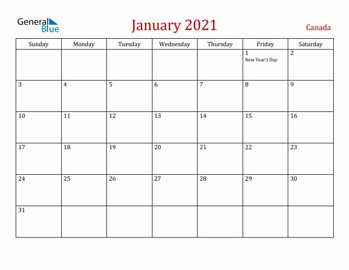 Canada January 2021 Calendar - Sunday Start