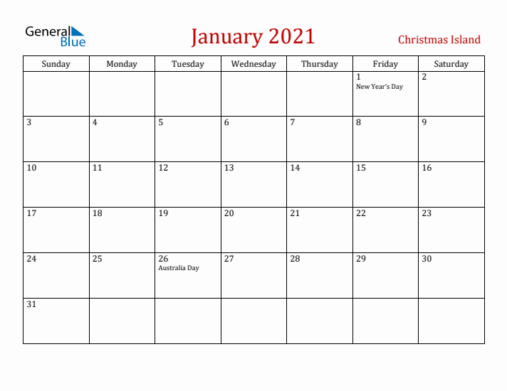 Christmas Island January 2021 Calendar - Sunday Start