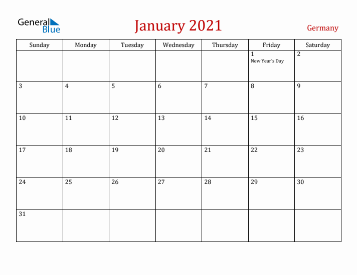 Germany January 2021 Calendar - Sunday Start