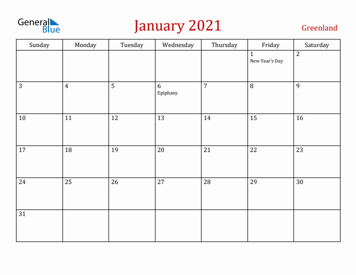 Greenland January 2021 Calendar - Sunday Start