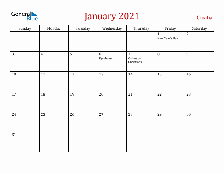 Croatia January 2021 Calendar - Sunday Start