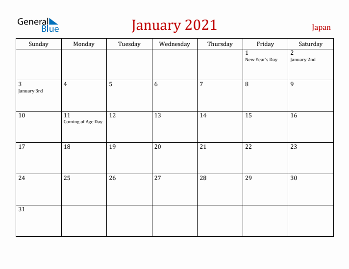 Japan January 2021 Calendar - Sunday Start