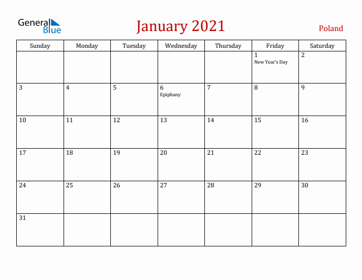 Poland January 2021 Calendar - Sunday Start