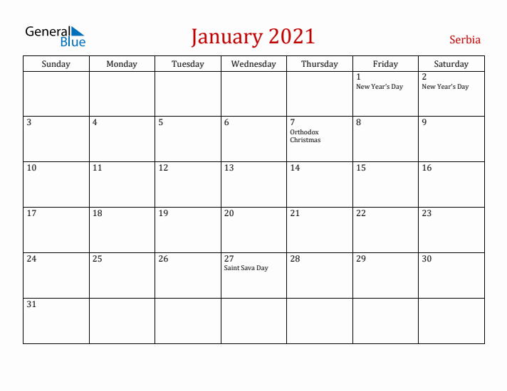 Serbia January 2021 Calendar - Sunday Start